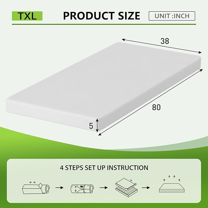BestMassage | 5 Inch Twin XL Mattress | Gel Memory Foam | Medium Firm Feel | White | Bed in a Box, CertiPUR-US Certified | Pressure Relief, Cooling Ventilated Foam | Breathable Knit Cover