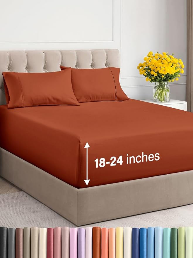 Extra Deep Twin XL Sheet Set - 4 Piece Breathable and Cooling Sheets - Hotel Luxury Bed Sheets Set - Easy Fit - Soft, Wrinkle Free and Comfy Sheets Set - Terracotta Sheet Set with Extra Deep Pockets