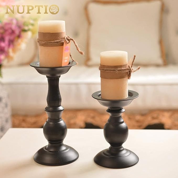 Nuptio Black Candle Holder for Pillar Candles - 2 Pcs Rustic Candle Holders Set Metal Candle Stand Tall Retro Fall Pillar Candleholder for Halloween Easter Farmhouse Fireplace Home Table Centerpiece