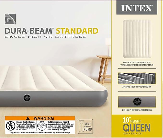 Intex 64103E Dura-Beam Standard Single-High Air Mattress: Fiber-Tech - Queen Size - 10in Bed Height - 600lb Weight Capacity - Pump Sold Separately