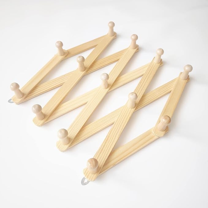 AMAPON Accordion Style Expandable Wall Wooden Coat Rack 13 Hooks (Pegs) Hang Hats Jackets Coffee Mug Purses Necklaces Towels Cap Leash Scarves Data Line Kitchenware (2 Pack)