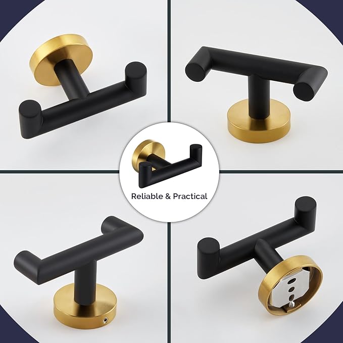 Angle Simple Towel Double Hook Black & Gold, 2 PCS Stainless Steel Bathroom Towel Holder, Dual Robe Coat Hook for Wall