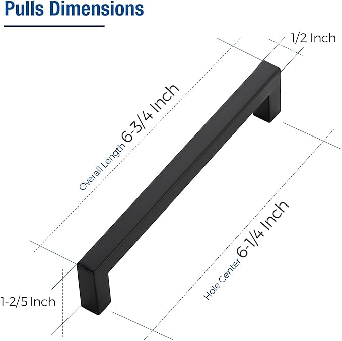 JOY DECOR 25 Pack Cabinet Handles, Black Cabinet Pulls, 6-1/4 Inch Kitchen Closet Handles Square Drawer Pulls Stainless Steel Drawer Hardware, 160mm Hole Centers