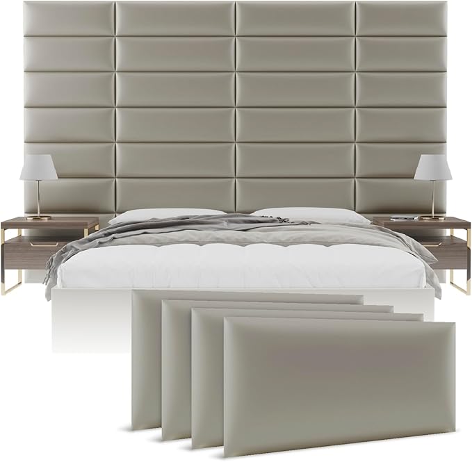 Vänt Upholstered Wall Panels - Queen/Full Size Wall Mounted Headboards - Metallic Neutral Champagne - Set of 4 Panels (Each Individual Panel 30"x11.5")
