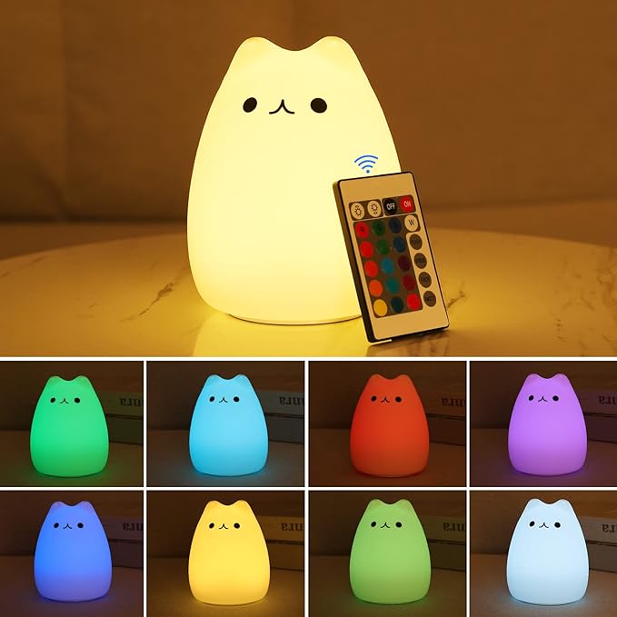 ZKLiLi Cute Cat Nursery Night Lights USB Rechargeable Cat Lamp Nightlight Birthday Christmas Gift with Warm White and 7-Color Breathing Modes for Kids Baby Children (renqimao)