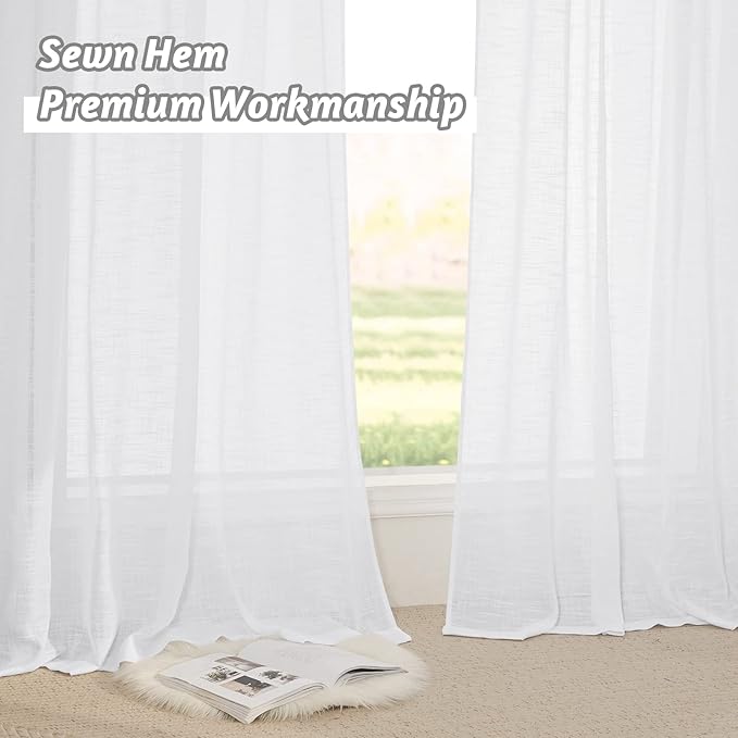 RYB HOME White Curtain Sheers - Linen Texture Large Window Curtain for Patio Sliding Glass Door Extra Wide Semi-Transparent Privacy Shades for Living Room Bedroom Sunroom, 100 x 95 inch