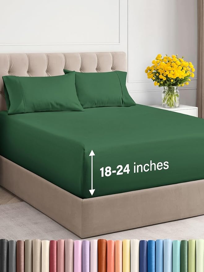 Extra Deep Twin Sheet Set - 4 Piece Breathable and Cooling Sheets - Hotel Luxury Bed Sheets Set - Easy Fit - Soft, Wrinkle Free and Comfy Sheets Set - Emerald Green Sheet Set with Extra Deep Pockets