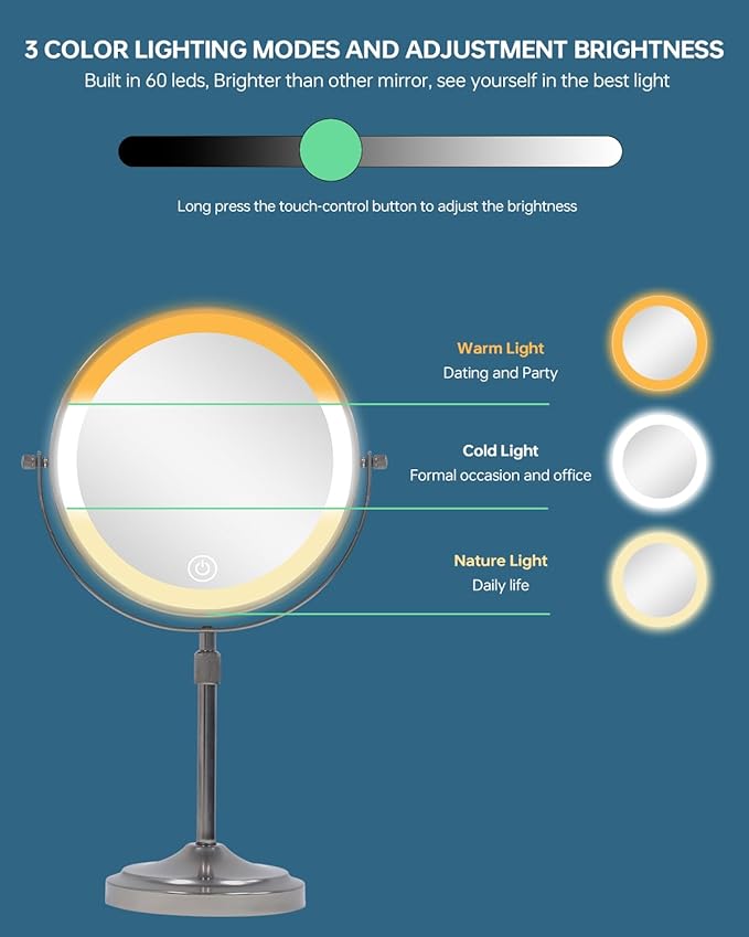 9" Lighted Makeup Mirror with with Lights and Magnification 1X/10x, 5000mAh Rechargeable Magnifying Vanity Mirror, 3 Light Colors Dimmable & Height Adjustable Mirror Gunmetal Grey
