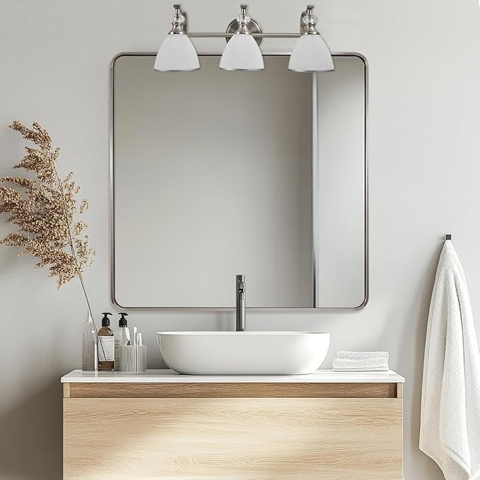 ANDY STAR 36x36 Inch Brushed Nickel Bathroom Mirror, Rounded Square Bathroom Vanity Mirrors for Wall, Anti-Rust SUS304, Seamless Tube Metal Frame, 1’’ Deep Wall Mounted Vertically/Horizontal