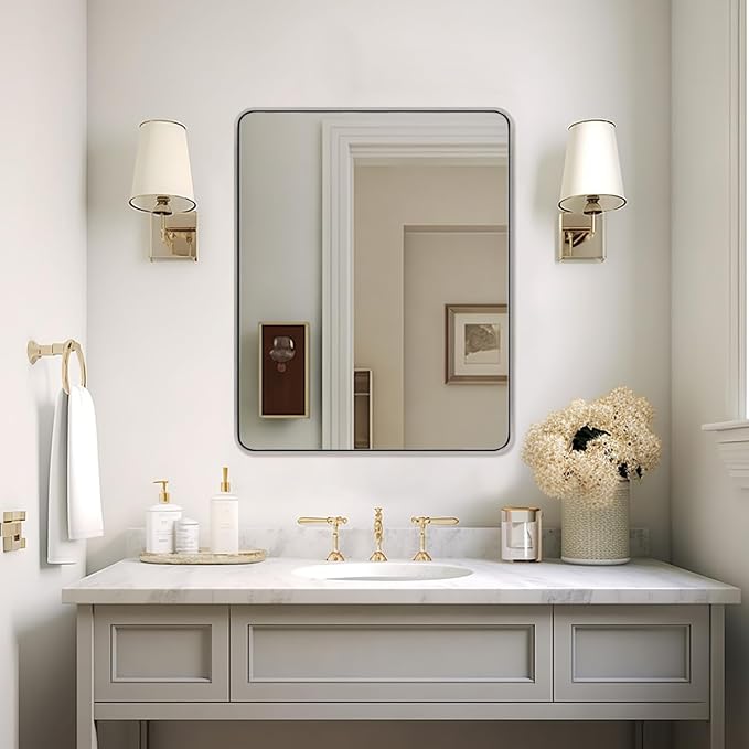 ANDY STAR 40x32 Inch Chrome Mirror for Bathroom, Chrome Bathroom Vanity Mirror, Rounded Rectangle Mirror, Anti-Rust SUS304, Seamless Tube Metal Frame, 1’’ Deep Wall Mounted Vertically/Horizontal