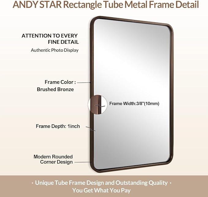 ANDY STAR Bronze Bathroom Mirror, 24X36 Bronze Wall Mirror, Bronze Vanity Mirror, Rounded Rectangle Mirror Bronze Metal Frame Farmhouse Mirror Hang Vertically or Horizontally