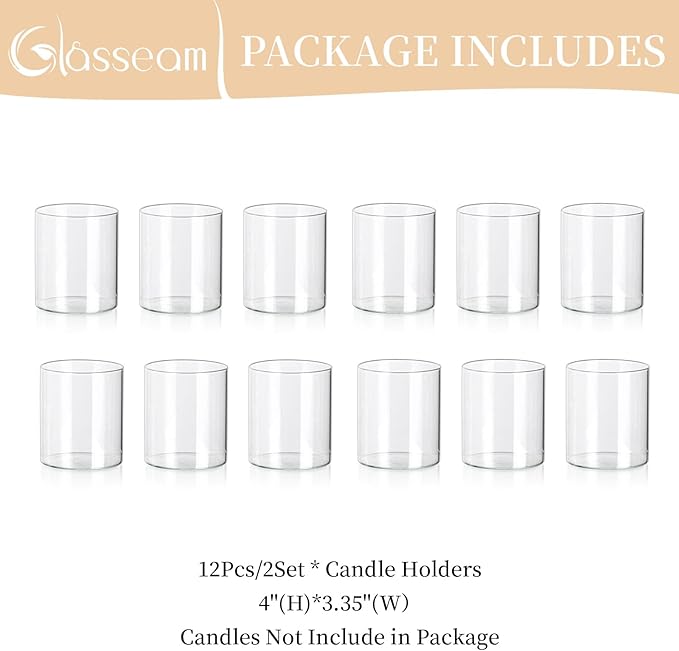 Glasseam Glass Hurricane Candle Holder Set of 12, Cylinder Pillar Candle Holders for Table, Modern Floating Candle Decorations, Clear Glass Cylinder Vase for Centerpieces Wedding Dining Table, 4inch