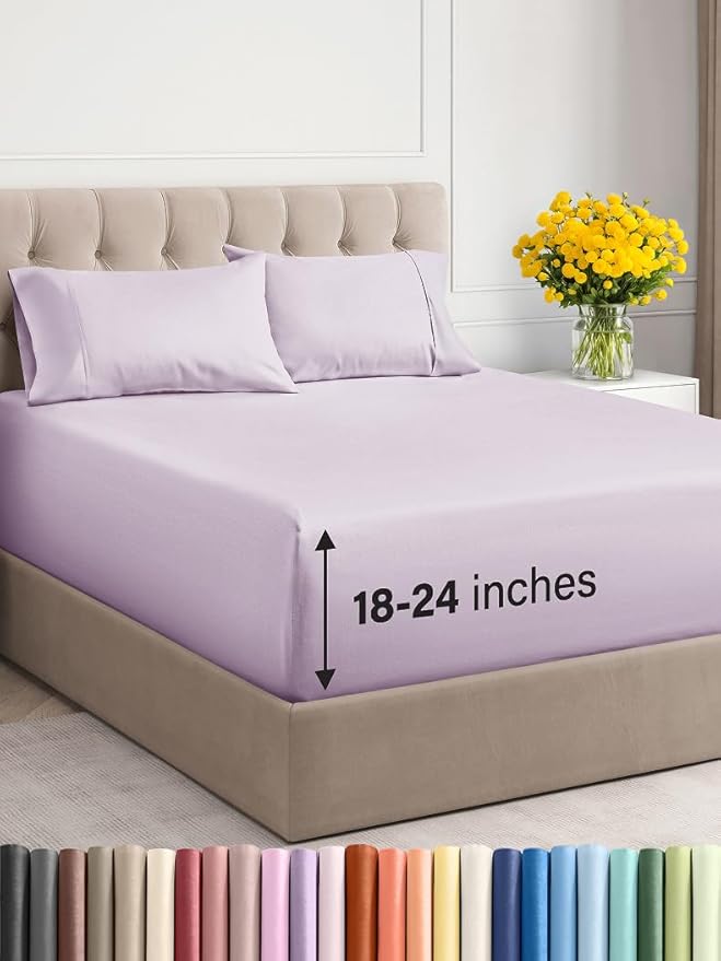 Extra Deep Twin XL Sheet Set - 4 Piece Breathable & Cooling Sheets - Hotel Luxury Bed Sheets Set - Easy Fit - Soft, Wrinkle Free & Comfy Sheets Set - Light Lavender Sheet Set with Extra Deep Pockets