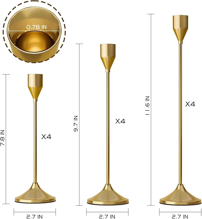 Brass Gold Metal Taper Candle Holder, Vintage Candlestick Holders, Candle Sticks Holder Decor for Wedding Wedding, Dinning, Party, Fits 3/4 inch Thick Candle&Led Candles (Set of 12 Pcs)