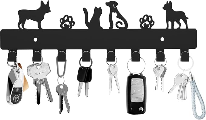 GTK Key Hooks with 8 Hooks Wall Mounted, Key Holder for Wall Decor, Dog Key Holder for Entryway, Self Adhesive Cat Key Rack for Living Room