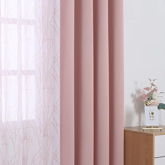 BONZER Mix and Match Curtains - 2 Pieces Branch Print Sheer Curtains and 2 Pieces Blackout Curtains for Bedroom Living Room Grommet Window Drapes, 37x95 Inch/Panel, Blush, Set of 4 Panels