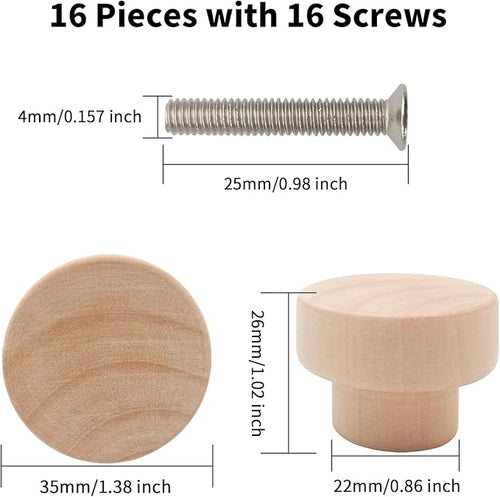16PCS Wood Knobs Flat Top Round Cabinet Knobs 1.39"(35mm) Unfinished Wooden Dresser Drawer Pulls Kitchen Cabinet Handles