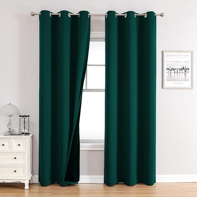 ChrisDowa 100% Blackout Curtains for Bedroom with Black Liner, 2 Thick Layers Total Blackout Thermal Insulated Grommet Window Curtains 2 Panels Set (Forest Green, 42 x 84 Inch)