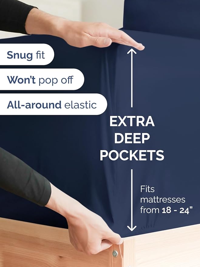 Extra Deep Split King Sheet Set - 7 Piece Breathable and Cooling Sheets - Hotel Luxury Bed Sheets Set - Easy Fit - Soft, Wrinkle Free and Comfy Sheets Set - Navy Blue Sheet Set with Extra Deep Pockets