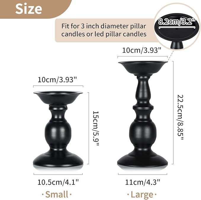 Nuptio Black Candle Holder for Pillar Candles - 2 Pcs Rustic Candle Holders Set Metal Candle Stand Tall Retro Fall Pillar Candleholder for Halloween Easter Farmhouse Fireplace Home Table Centerpiece