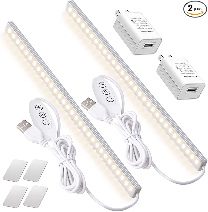 2Pack LED Under Cabinet Lighting Dimmable Under Cabinet Lights with USB Powered for Closet Light Bar Under Counter Lighting Work Tables Student Dormitory (Include AC Plug)