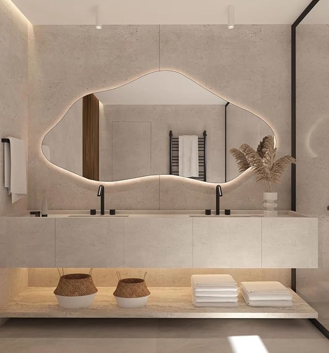 Asymmetrical Bathroom LED Mirror, Modern Irregular Shape Wall Mirror with LED Lights, Frameless Aesthetic Backlit LED Illimunated Vanity Mirror (60" x 30" inc)