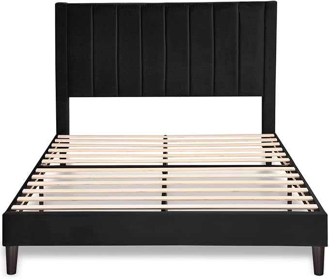 Allewie Full Bed Frame/Velvet Upholstered Bed Frame with Vertical Channel Tufted Headboard/Strong Wooden Slats/Platform Bed Frame/Mattress Foundation/Box Spring Optional/Easy Assembly/Black