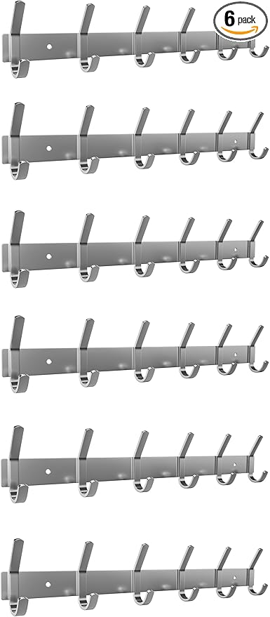 Coat Rack Wall Mount – Brushed Nickel 17 Inch Stainless Steel Hook Rail with 6 Heavy Duty Double Coat Hooks – Wall Mounted Coat Hanger for Entryway, Bathroom, Bedroom, Towel, Hat Organizer - 6 Pack