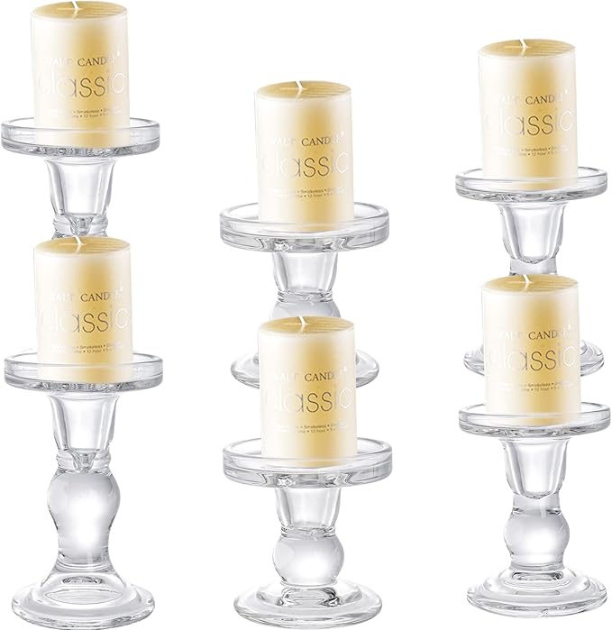 Okllen Set of 6 Glass Candle Holders, Clear Pillar Taper Candlestick Crystal Tealight Candle Holder Stand for Dinner Table, Wedding Centerpieces, Living Room, Home Decor