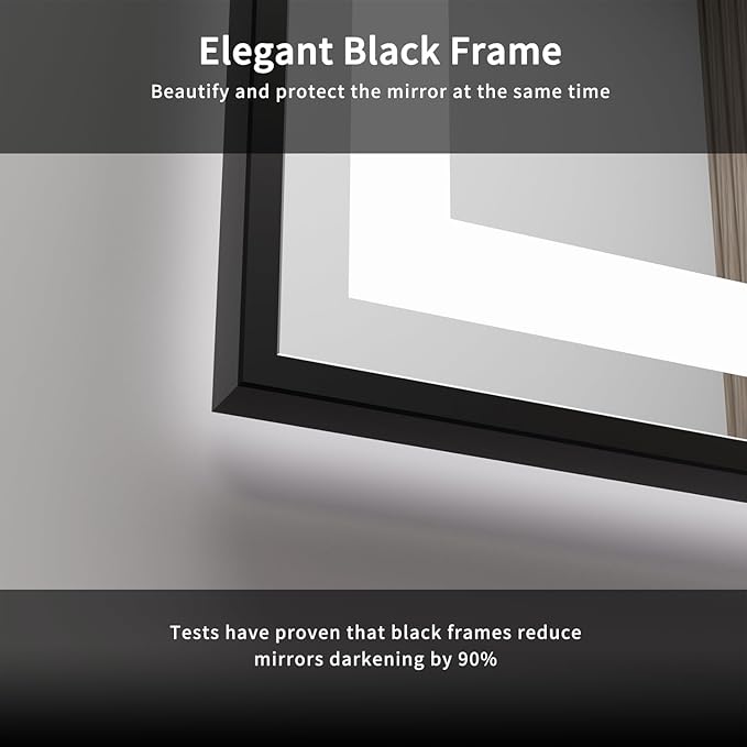 Bathroom Mirrors for Wall, 72x32 Inch Black Framed Gradient Front and Backlit Smart Mirror, 3 Colors Dimmable CRI>90, IP54 Enhanced Anti-Fog Wall Mounted Bathroom Mirror Frame