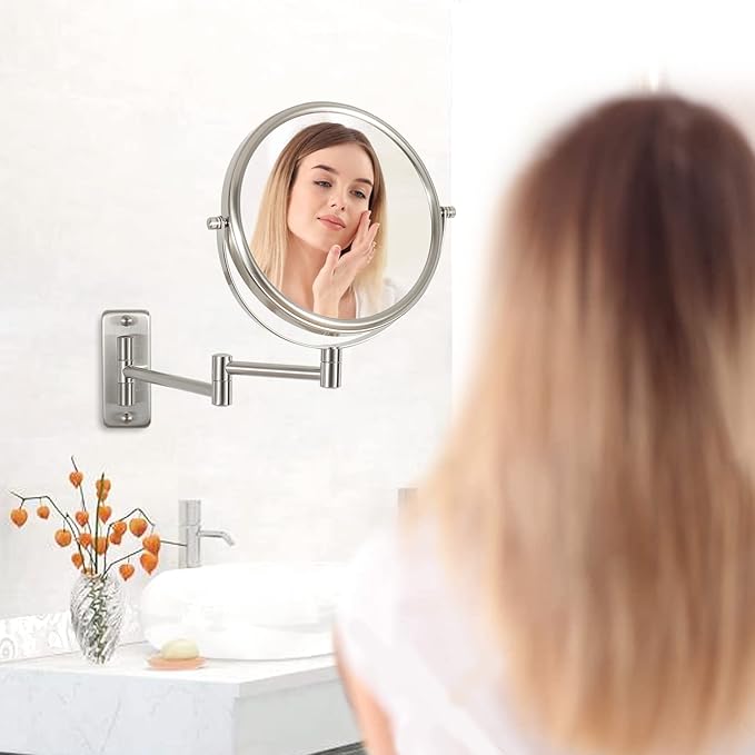 8" Wall Mounted Makeup Mirror 1X/ 10x Magnifying Mirror Double Sided Vanity Makeup Mirror for Bathroom Nickel Brush Finish
