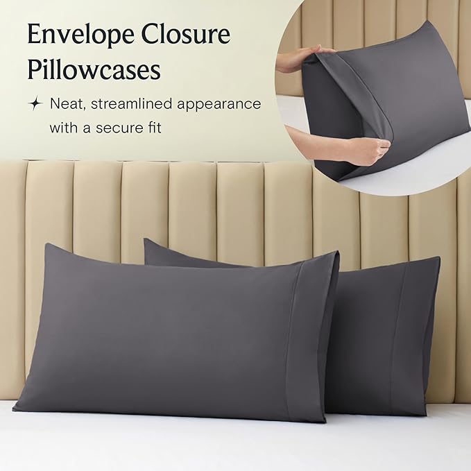 LuxClub 4 PC Queen Sheet Set, Sheets Queen Size, Deep Pockets Wrinkle Free Cooling Sheets Machine Washable Hotel Bedding Silky Soft - Dark Grey Queen