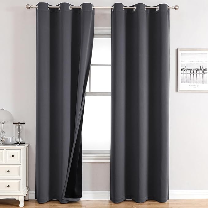 ChrisDowa 100% Blackout Curtains 78 inch Long for Bedroom with Black Liner, 2 Thick Layers Total Blackout Thermal Insulated Grommet Window Curtains 2 Panels Set (Dark Grey, 42 x 78 Inch)