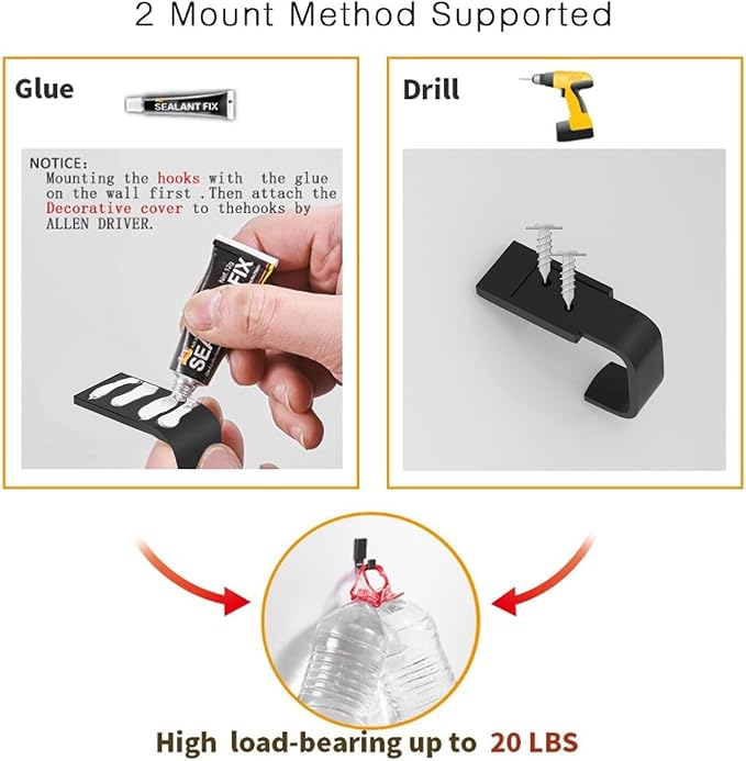 BESy Brass Clothes Hook Single Towel Hook for Bathroom Kitchen Garage Square Style Robe Hooks Coat and Hat Hook, Self Adhesive with Glue or Wall Mounted with Screws, Matte Black