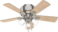 Hunter 42 inch Indoor Ceiling Fan with LED Lights and Pull Chain - Low Profile Mount Ceiling Fan, 5 Blades, For Bedroom, Living Room, or Kitchen, Quiet - Crestfield 52154, Brushed Nickel