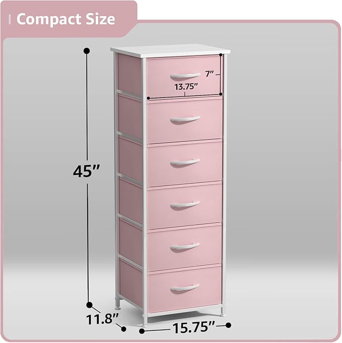 Sorbus Fabric Dresser for Kids Bedroom - Chest of 6 Drawers, Tall Storage Tower, Clothing Organizer, for Closet, for Playroom, for Nursery, Steel Frame, Fabric Bins - Wood Handle (Pink)