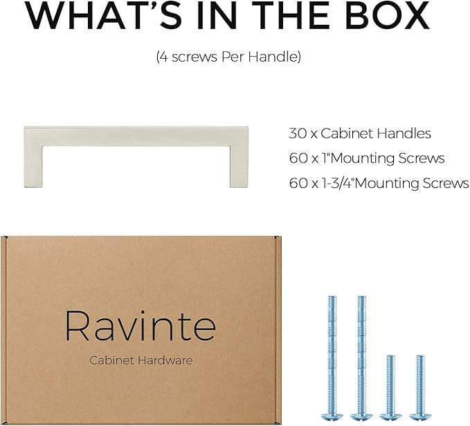Ravinte 30 Pack Solid 3-3/4 Inch Center to Center Slim Square Bar Drawer Handles Kitchen Cabinet Handles Brushed Nickel Drawer Pulls Kitchen Cabinet Hardware Pulls