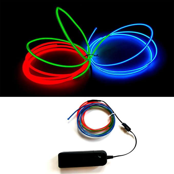 MaxLax EL Wire Mutilcolor, 2M Portable Battery Pack Neon Light Strip 360° Cuttable Glowing Rope Lights for Parties, Halloween, DIY Decoration