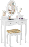 CHARMAID Vanity Table Set with Rotatable Oval Mirror, Bedroom Makeup Table with 5 Drawers for Women Girls, Dressing Table with Cushioned Stool (White)