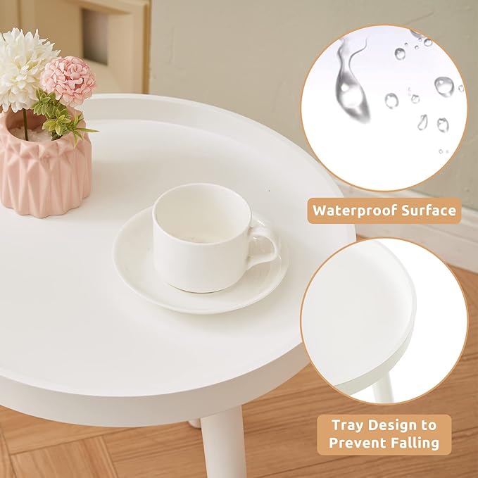 Apicizon Round White Side Table, Tray Nightstand Coffee End Table for Living Room, Bedroom, Small Spaces, Easy Assembly Bedside Table, 15 x 18 Inches