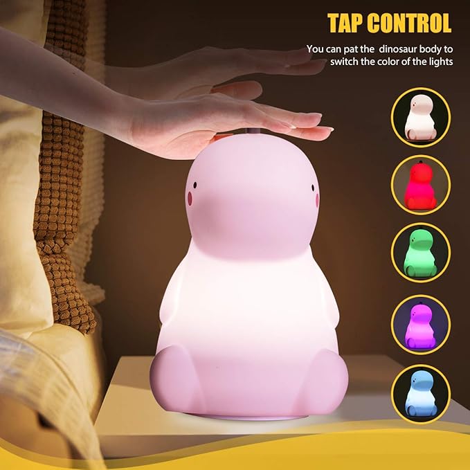 VSATEN Dinosaur Night Light for Kids, Color Changing Silicone Baby Night Light with Touch Sensor for Kids' Bedroom, USB Rechargeable LED Bedside Nursery Lamp, Cute Dinosaur Lamp Gifts