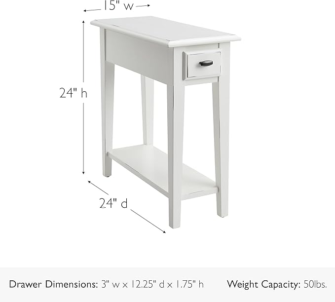 Haven Ridge Narrow End Table, Solid Wood Side Table with Drawer and Shelf, Farmhouse White, Perfect for Living Rooms, Bedrooms, and Small Spaces – Leick Home, 214361