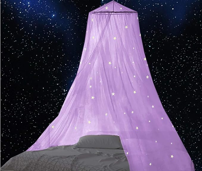BCBYou Mosquito Net with Fluorescent Stars Glow in Dark for Baby, Kids, and Adults, for Covering Crib, Kid, Girls or Full Size Bed (Purple)