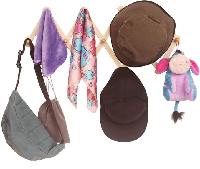 AMAPON Accordion Style Expandable Wall Wooden Coat Rack 13 Hooks (Pegs) Hang Hats Jackets Coffee Mug Purses Necklaces Towels Cap Leash Scarves Data Line Kitchenware (2 Pack)