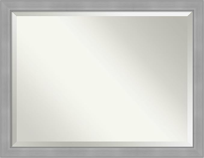 Amanti Art Silver Bathroom Mirror for Over Sink, 34x44 Vista Brushed Nickel Rectangle Vanity Mirror, X-Large Casual Frame, Hangs Horizonally and Vertically, Bathroom Wall Decor, Beveled Edge
