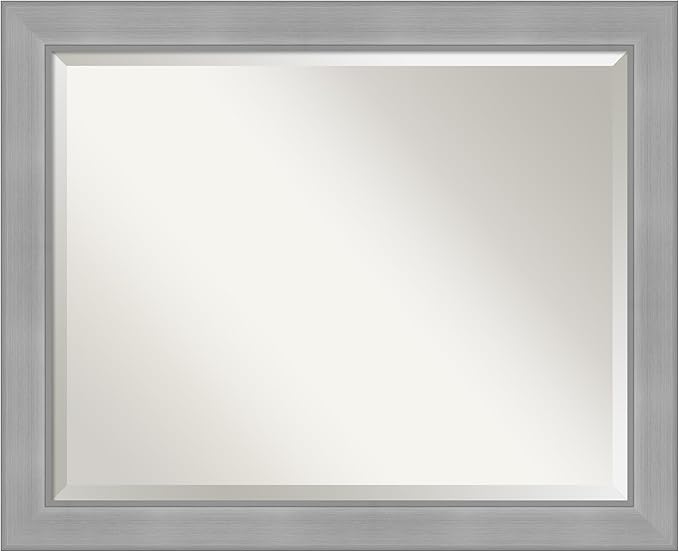 Amanti Art Silver Bathroom Mirror for Over Sink, 26x32 Vista Brushed Nickel Rectangle Vanity Mirror, Large Casual Frame, Hangs Horizonally and Vertically, Bathroom Wall Decor, Beveled Edge