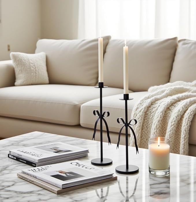 Black Taper Candle Holder Set of 2-Metal Bow Candle Sticks Holder Decor,Modern Tall Candle Holder,Decorative Candlesticks for Fireplace, Wedding, Holiday & Christmas