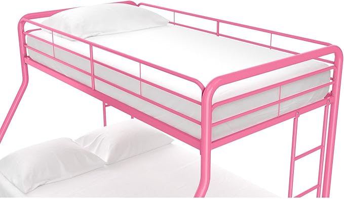 DHP Dusty Metal Bunk Bed Frame, Twin-Over-Full for Kids, Teens, Adults, Angled Ladder, Guardrail, No Boxspring, Small Spaces, Pink