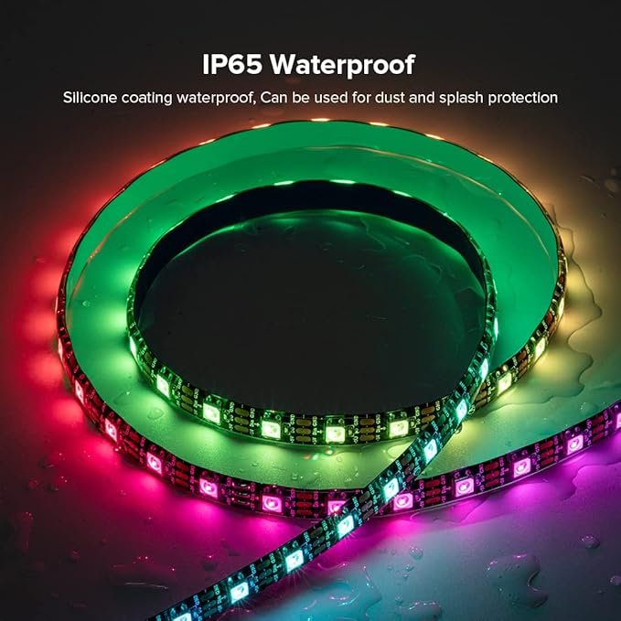 SEZO WS2812B ECO LED Strip Light 16.4FT/5M 60Pixels/m 300Pixels Individually Addressable Programmable 5050SMD Digital RGB Alloy Wires Flexible Dream Color IP65 Waterproof PCB Black DC5V