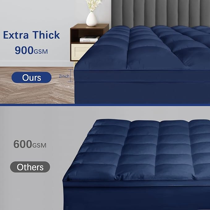 CYMULA Full Bed Mattress Topper, Navy Cooling Mattress Pad Cover, Thick Full Size Pillow Topper Soft with Deep Pockets, Washable Plush Down Alternative Fill Mattress Protector